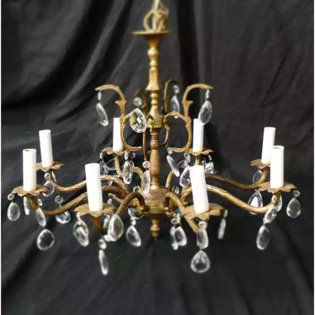 Old Spanish Brass Crystal Glass ? Chandelier 8 Arm Large Vintage