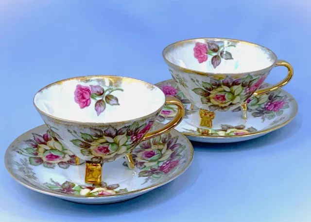 Vintage Japan Lusterware 2 Cups And Saucers Set Roses Gold