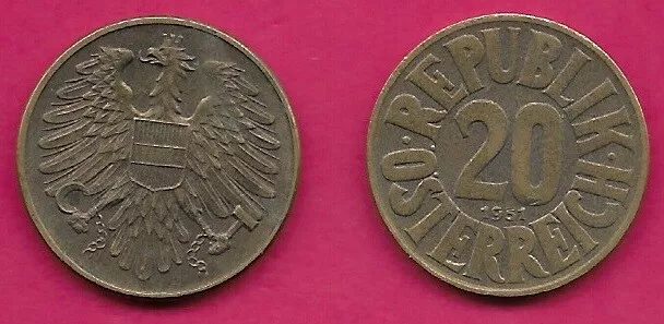 Austria 20 Groschen 1951 Vf-Xf Imperial Eagle With Austrian Shield On Breast