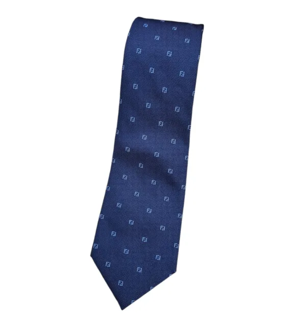 FENDI Men's 100% Silk Necktie LUXURY Tie Blue Monogram Logo W:3.2" EUC