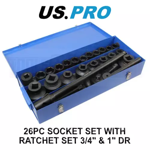 US PRO Tools 26pc Socket Set With Ratchet Set 3/4" & 1" Dr 21 - 65mm 3735