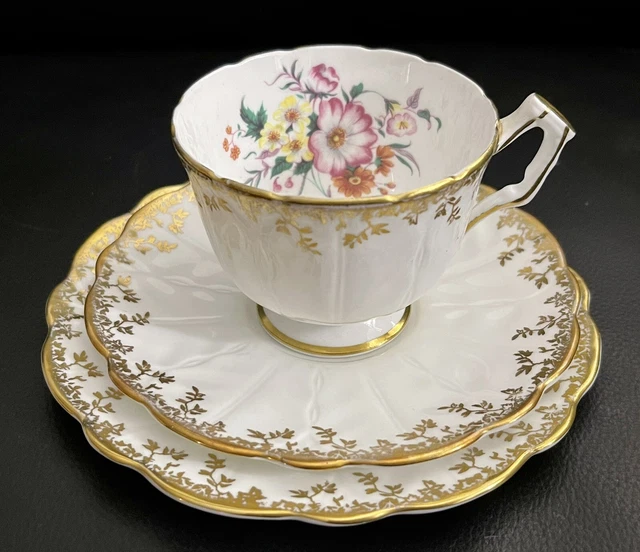 Gorgeous Vintage Aynsley Gold Chintz Floral Trio, Bone China , England, 1940s