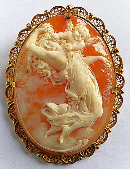 Broche Camée Vintage Coquillage Sculpté Plaqué Or Art Déco - Occasion Avec Traces D'usure