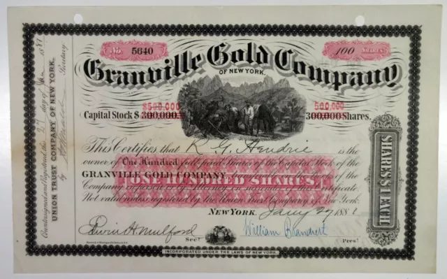 NY. Granville Gold Co., 1887 100 Shares I/U Capital Stock Certificate, XF
