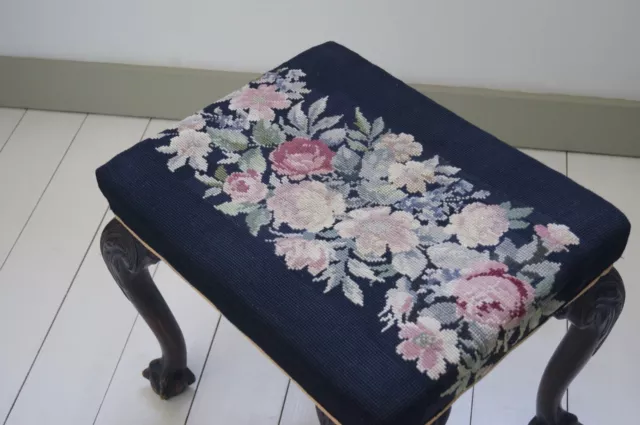 Antique Stool Embroidered Seat with Claw on Ball Feet 2