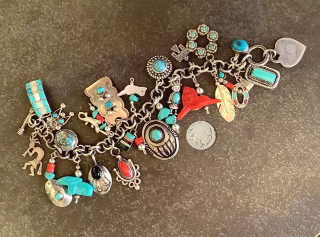 VTG Turquoise Loaded  Charm Bracelet, OOAK Sterling Silver, up cycled, salvage