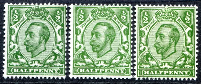 (742) 3 VERY GOOD SG338-340 GV 1/2d GREEN SHADES CROWN WMK UM.MINT