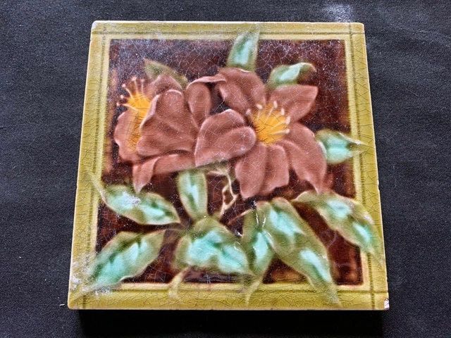 One Reclaimed Antique 6" x 6" Green Art Nouveau Tile Tiling Décor (BTS363)