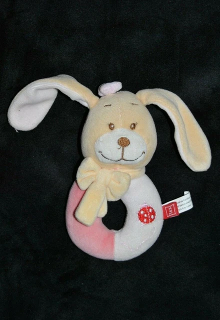 Hochet Lapin  TEX Carrefour Rose Beige Coccinelle 14 22 Cm Peluche Doudou NEUF