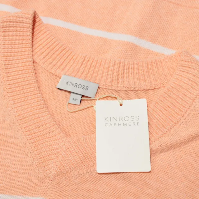 Kinross Cashmere NWT V-Neck Long Sleeve Sweater Size Small Peach/White Stripes