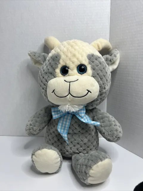 Kellytoy Plush Billy Goat Ram Gray Waffle Quilted Gingham Blue Bow Toy 16"
