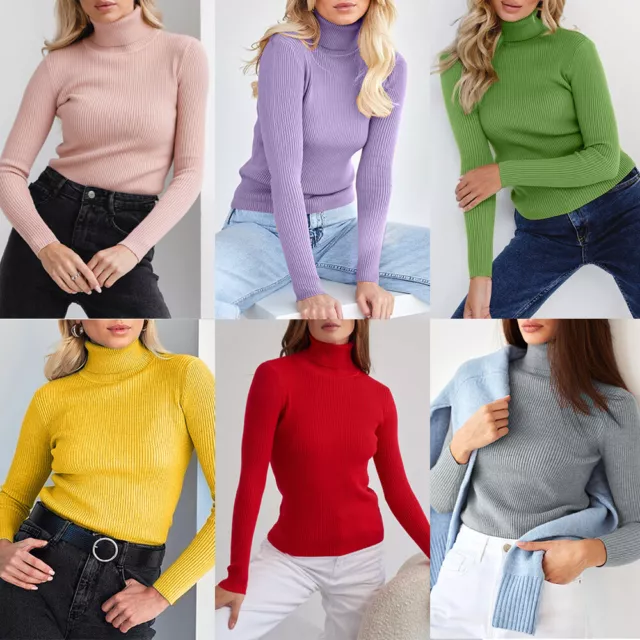 Knitted Pullover Sweater Tops Jumper Basic Turtle Neck Women Ribbed Stretch UK #