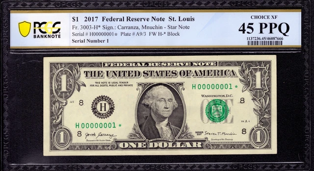 2017 $1 Federal Reserve Star Note Serial Number 1 Fr.3003-H* Pcgs B Xf Ef 45 Ppq