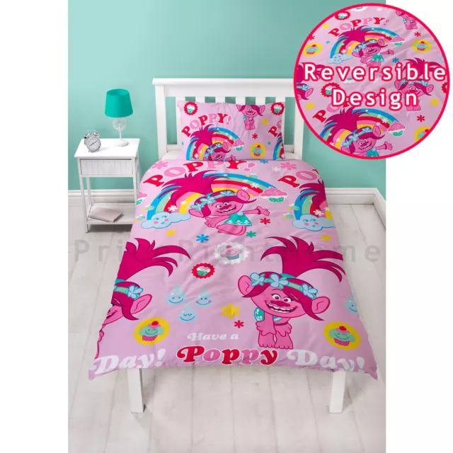 Trolls Dreams Single Duvet Cover Set Poppy Pink Girls - 2 In 1 Design