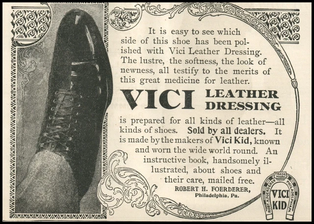1898 Vici Shoe Boot Leather Dressing Man Leg Scrollwork Filigree Horseshoe 0089