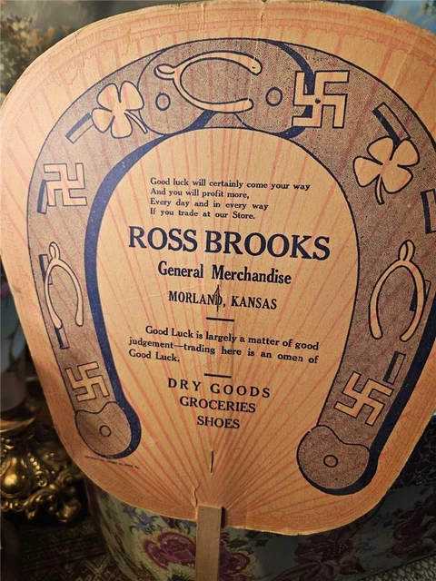 Vintage Paper Advertising Fan Wood Handle Good Luck ROSS BROOKS Morland Kansas