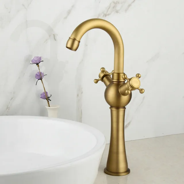 Antique Brass Tall Bathroom Faucet Vessel Sink Dual Handles Mixer Deck Mount Tap