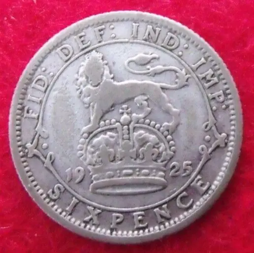 1925 GEORGE V SILVER SIXPENCE  ( 50% Silver )  British 6d Coin.   328