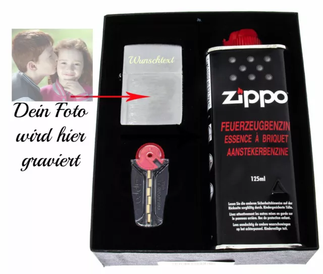 Zippo Geschenkset Chrome brushed Starterset personalisiert mit Fotogravur