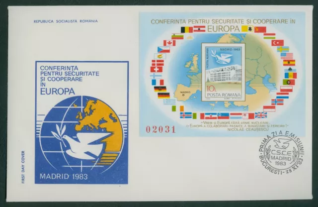 Rumänien 1983 Mi.Block 196 FDC KSZE Madrid,Friedenstaube,Kongresspalast,Fahnen