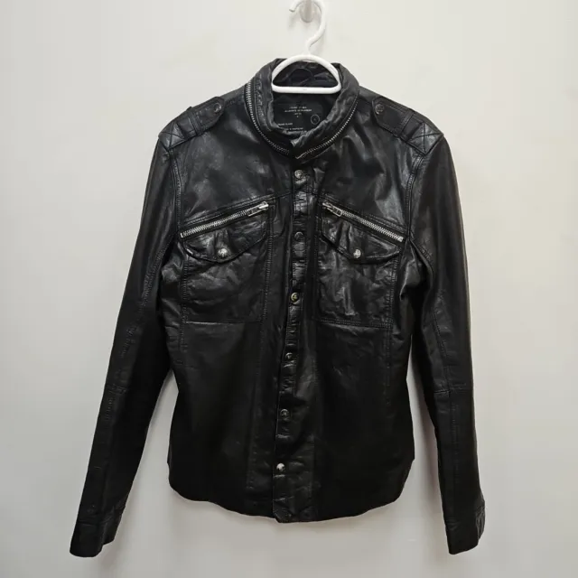 Allsaints Postnoon Black Leather Bomber Button Up Shirt Jacket Size Men's Large