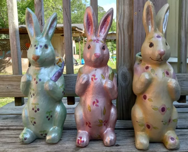 Department 56 Bunny Rabbit Statues 16" Paper Mache Pink Green & Gold- 3pc. Lot