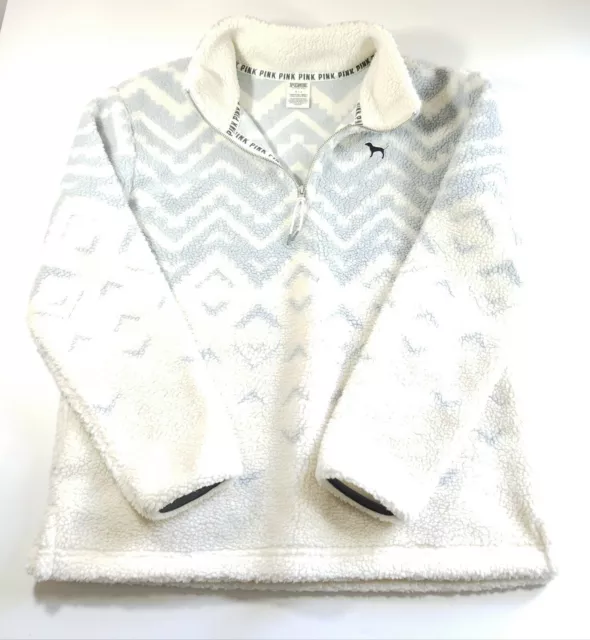 Victorias Secret Pink Sherpa Half Zip Pullover Fleece White gray small Soft C3