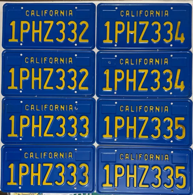 4 Consecutive 1980s CALIFORNIA License Plate PAIRS - 1969-87 Series #1PHZ332-335