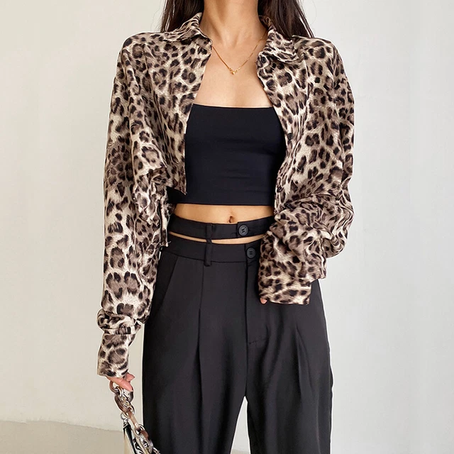 Donna Leopardato Manica Lunga Ritagliata Camicia con Colletto Giacca Blazer Top