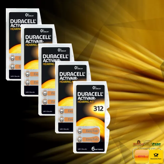 30 Batterien Duracell 312 Hörgerätbatterien Zinc Air, 1.45V Activair 6er Blister