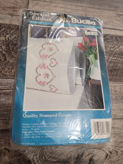 BUCILLA SPECIAL ED DAISY HEARTS STAMPED CROSS STITCH PILLOW CASE KIT SET Sealed