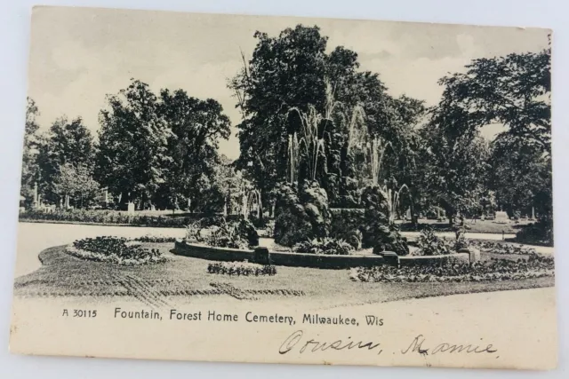 Vintage Milwaukee Wisconsin WI RPPC Forest Home Cemetery Fountain Postcard 1907