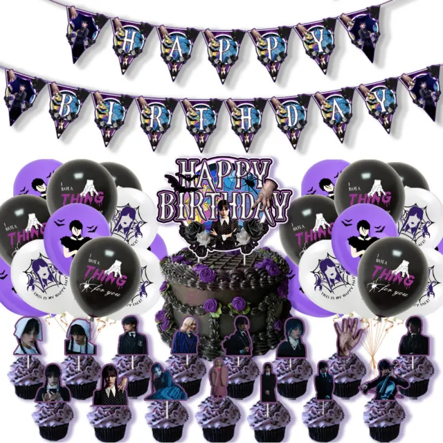 [37 piezas/juego] Suministros para fiesta Addams los miércoles con pancarta, tapas y globos para cupcakes