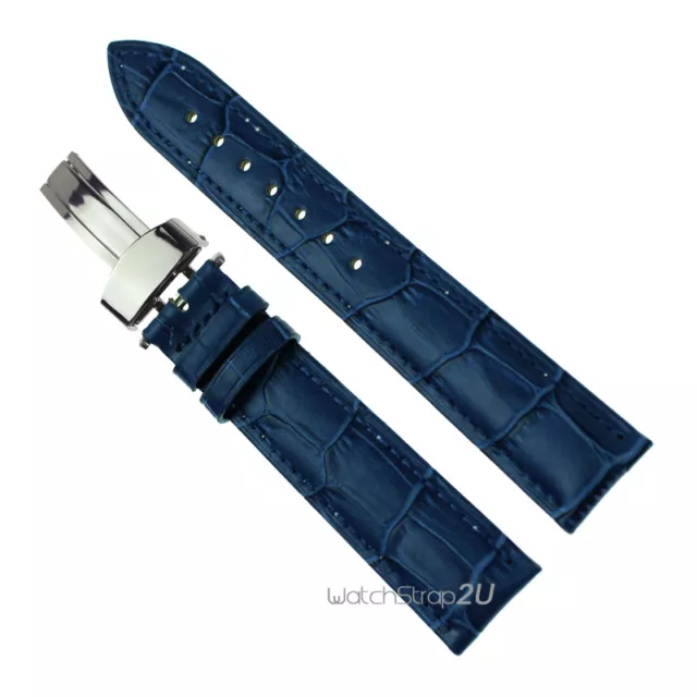 Blue Alligator Grain Leather Watch Band Strap Silver Deployant Clasp