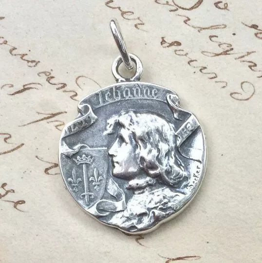 St Joan of Arc Banner Medal - Sterling Silver Antique Replica