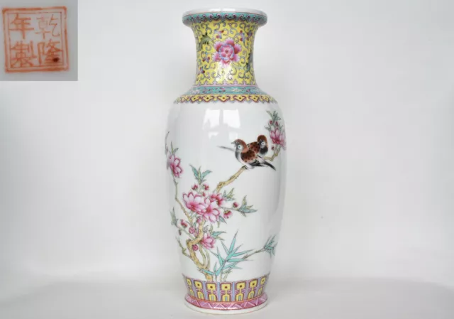 Antique Chinese Famille Rose Porcelain Vase Bird Calligraphy Qianlong Mark