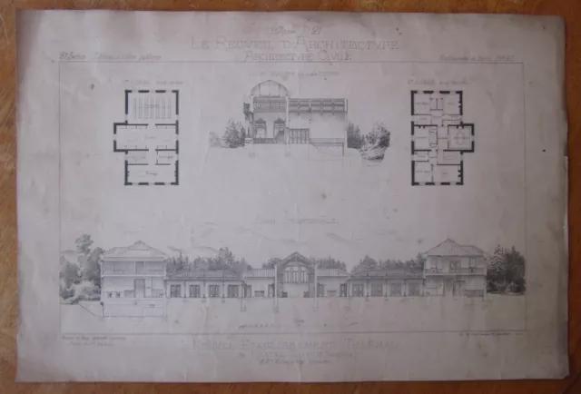 ANCIENNE PLANCHE XIXème PLAN ETABLISSEMENT THERMAL CHATEL GUYON ARCHITECTES