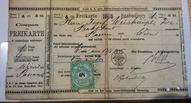 1905 Antik k. u. k. Billlet Fahrschein Wien Passau Donau SCHIFF DAMPFER Ticket 2