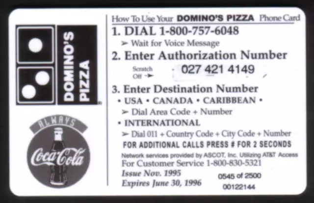 5m Domino's Pizza With Coca-Cola Coke Logos & Noid (1st Run) USED Phone Card 2