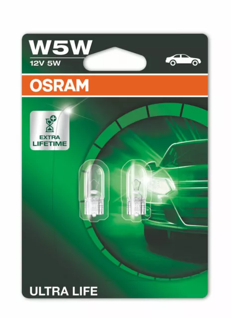 Pack of 2 x Osram 2825ULT W2.1x9.5D 12v 5w T10 Ultra Life W5W Automotive Bulbs