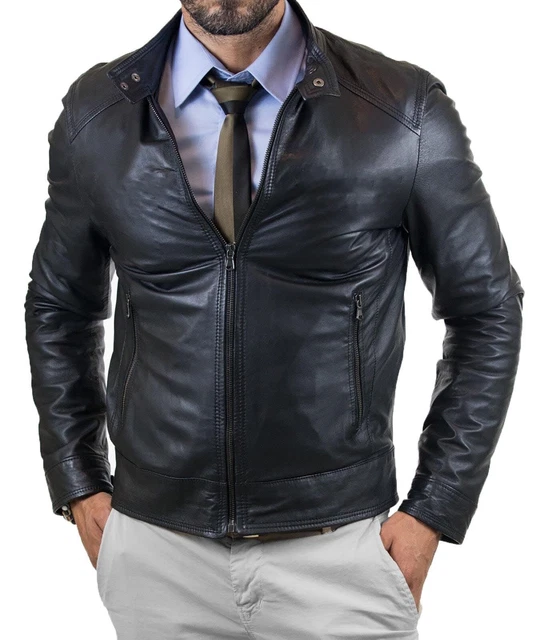 Leather Jacket Biker Motorcycle Mens Real Coat Genuine Retro Racer Soft Black 5