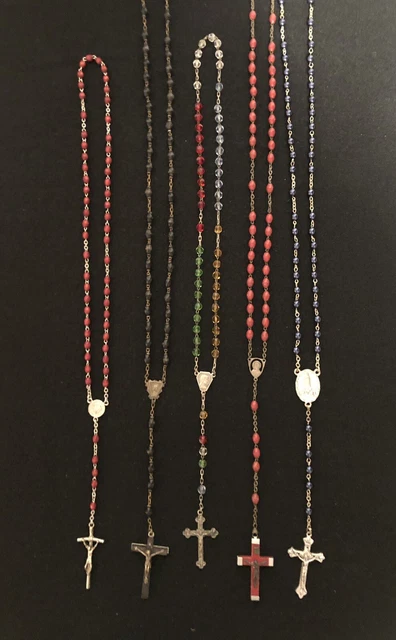 Lot 5 Rosary Crucifix Catholic Religion Italy Glass Red Wood Beads Blue 15-18”