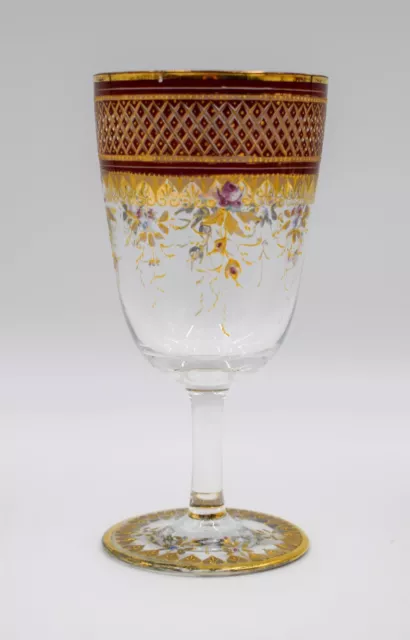 Moser Purple to Clear Hock Wine Glass with Raised Gold & Enameled Flowers, C1900