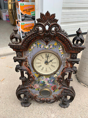 Old Antique Cast Iron Front Mother of Pearl Shelf Clock Fancy