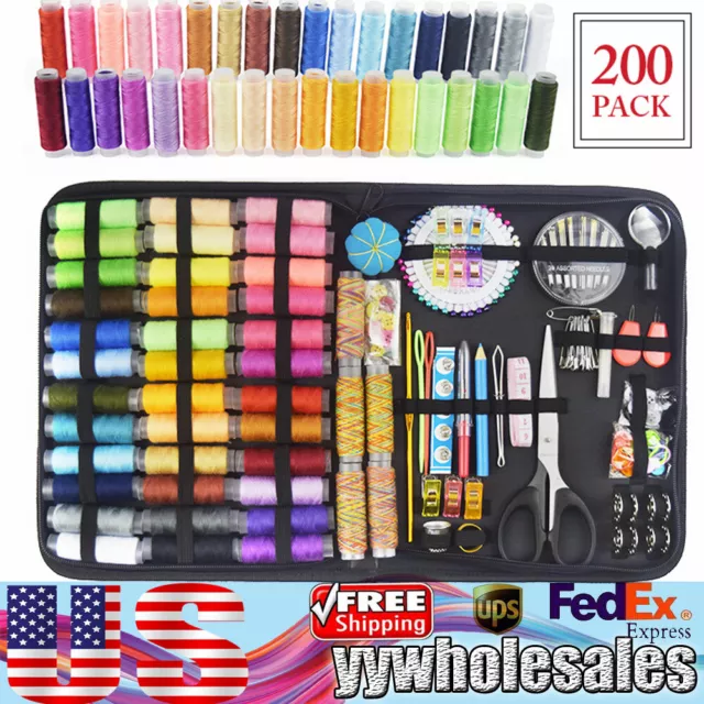 200PCS Sewing Kit Travel Set Measure Scissor Thimble Thread Needle Storage Box