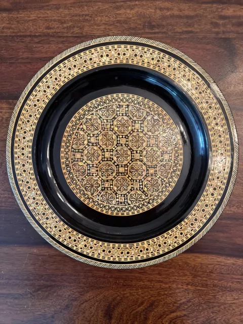 Vtg Wood Bowl Inlaid Mother of Pearl/Abalone Shell Micro Mosaic Convex  10" TL