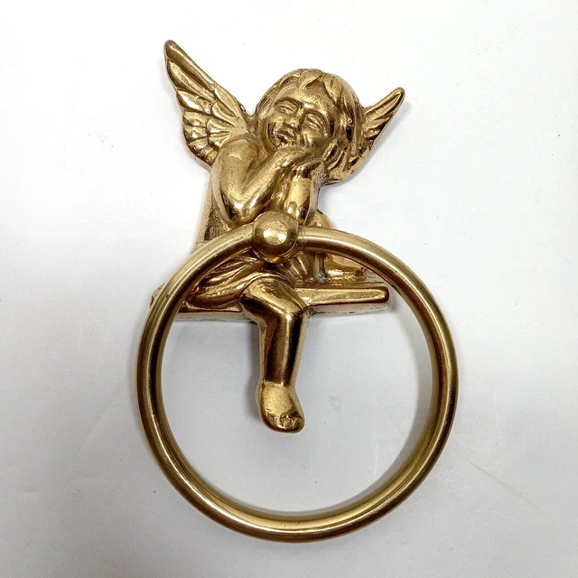 Vintage Solid Brass Cherub Angel Towel Ring Scarf Hanger Drapery Holder