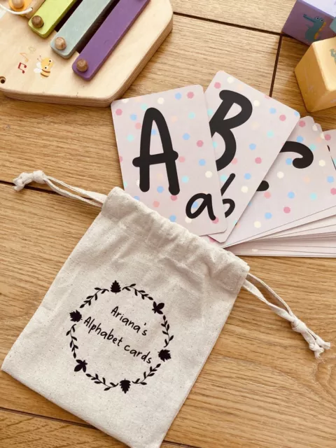 Childrens Baby Alphabet Flash Cards Learning ABC Free cotton Personalised bag
