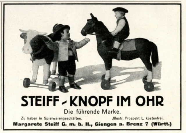 Steiff Knopf im Ohr Reklame 1924 Bauer Kuh Pferd Werbung