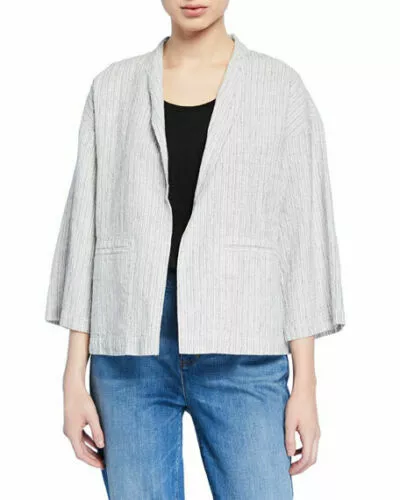 Eileen Fisher Ivory Organic Linen Cotton Boxy Ticking Stripe Jacket Size S